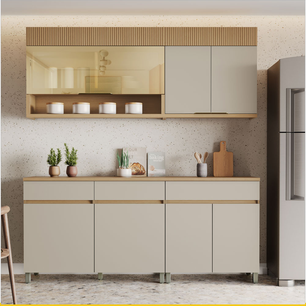 Cozinha 4 Peças 6 portas 1 Porta Vidro 3 Gavetas Realeza Premium 200 cm MDF Nesher