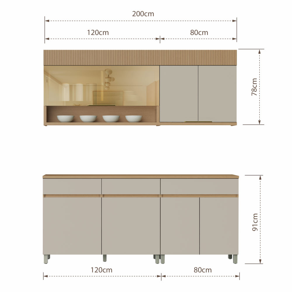 Cozinha 4 Peças 6 portas 1 Porta Vidro 3 Gavetas Realeza Premium 200 cm MDF Nesher