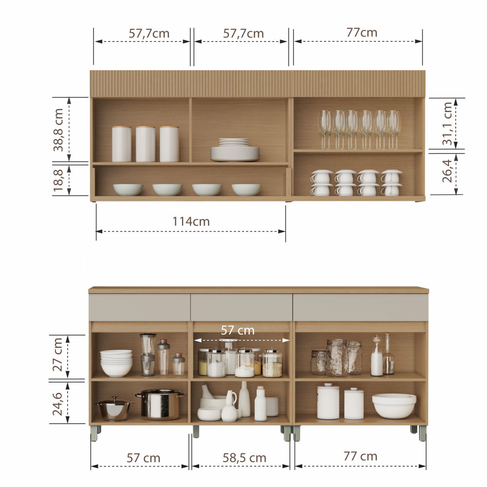 Cozinha 4 Peças 6 portas 1 Porta Vidro 3 Gavetas Realeza Premium 200 cm MDF Nesher
