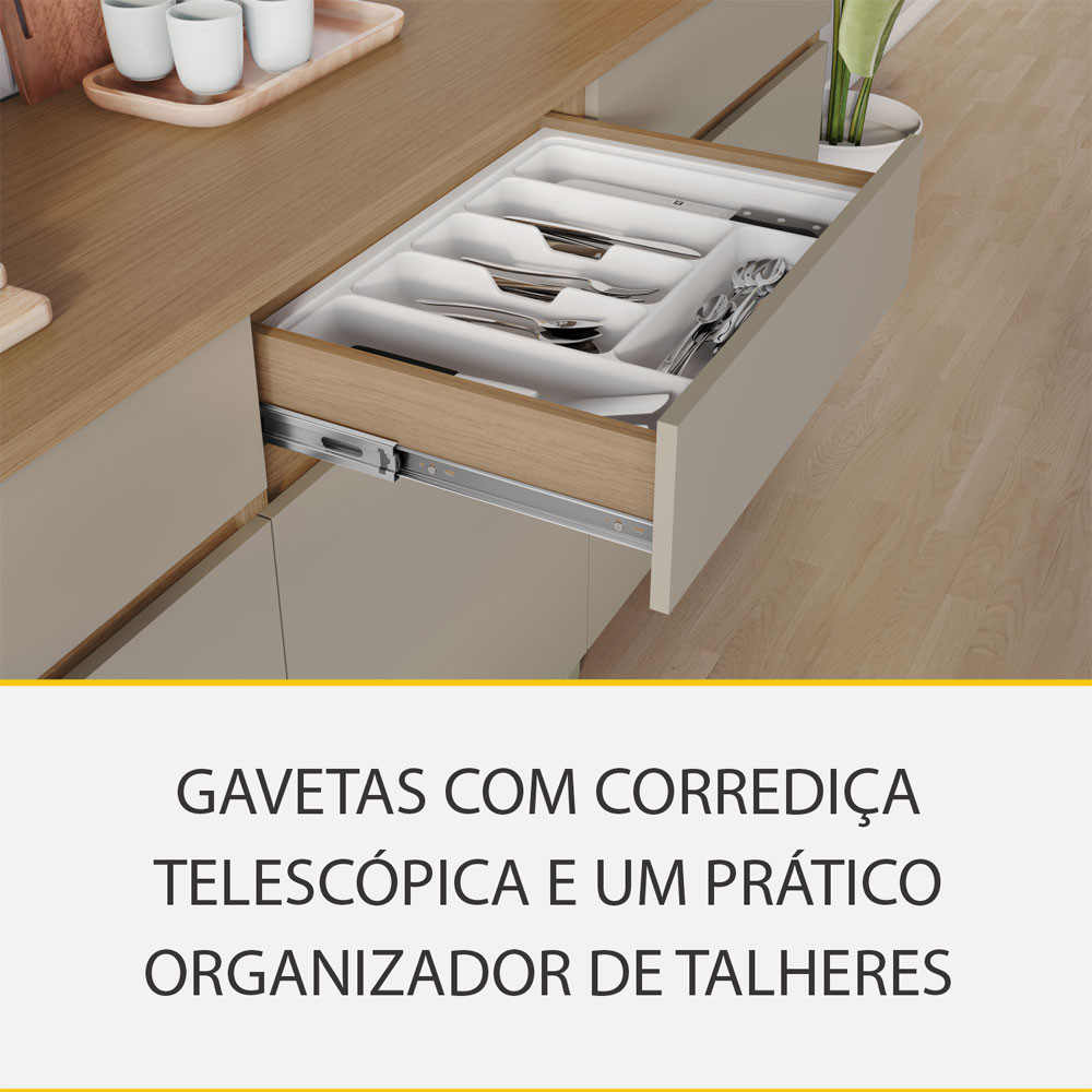 Cozinha 4 Peças 6 portas 1 Porta Vidro 3 Gavetas Realeza Premium 200 cm MDF Nesher