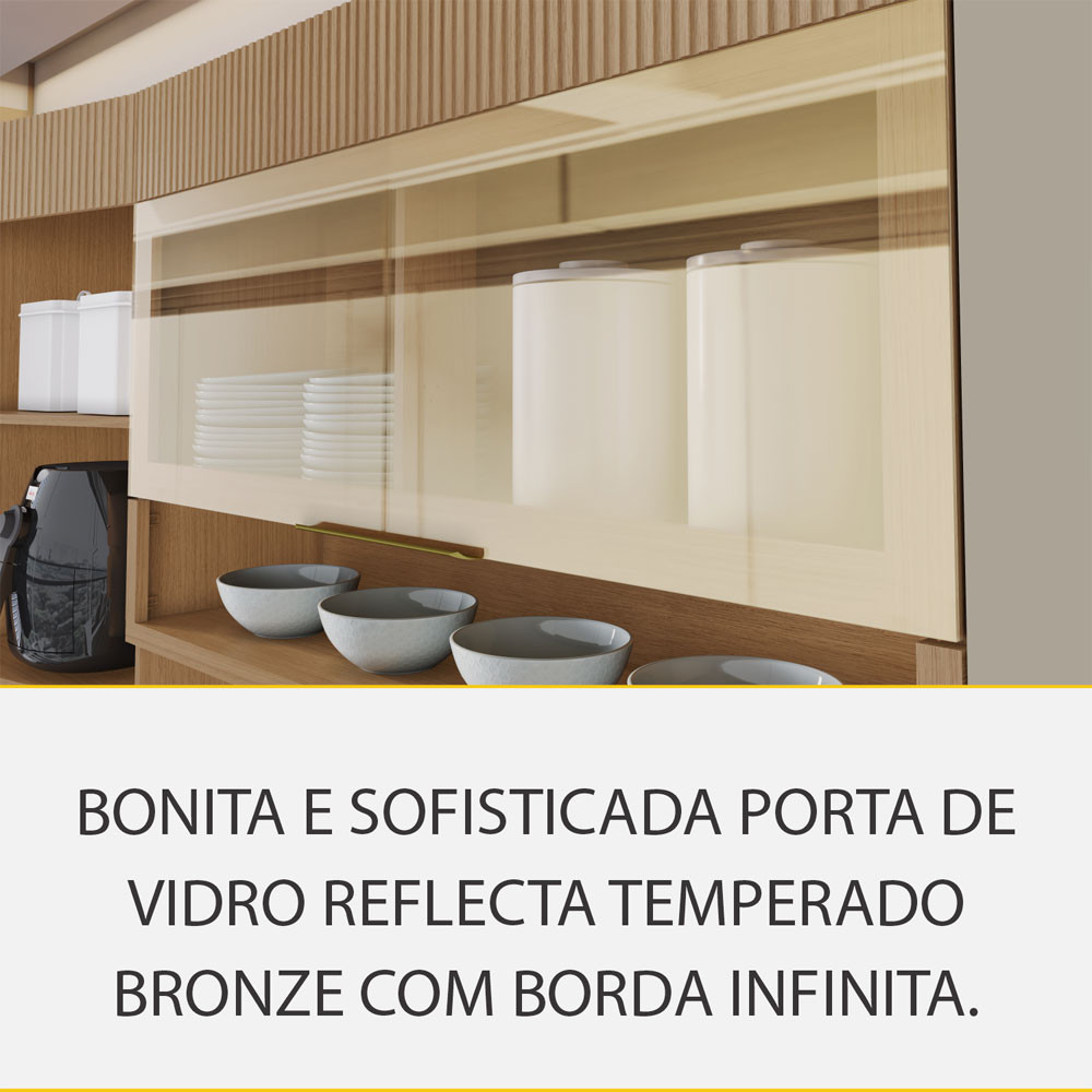 Cozinha 4 Peças 6 portas 1 Porta Vidro 3 Gavetas Realeza Premium 200 cm MDF Nesher