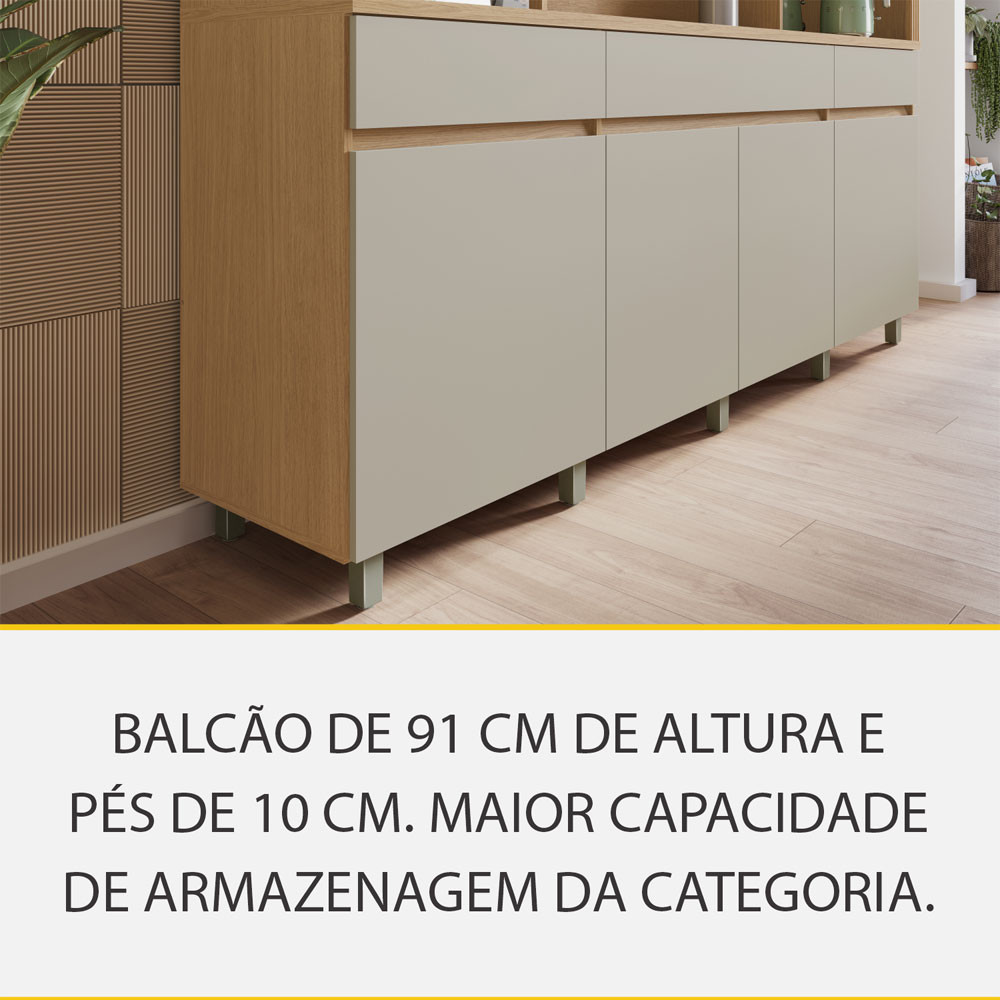 Imagem 8 de 13 de Cozinha 4 Peças 6 portas 1 Porta Vidro 3 Gavetas Realeza Premium 200 cm MDF Nesher