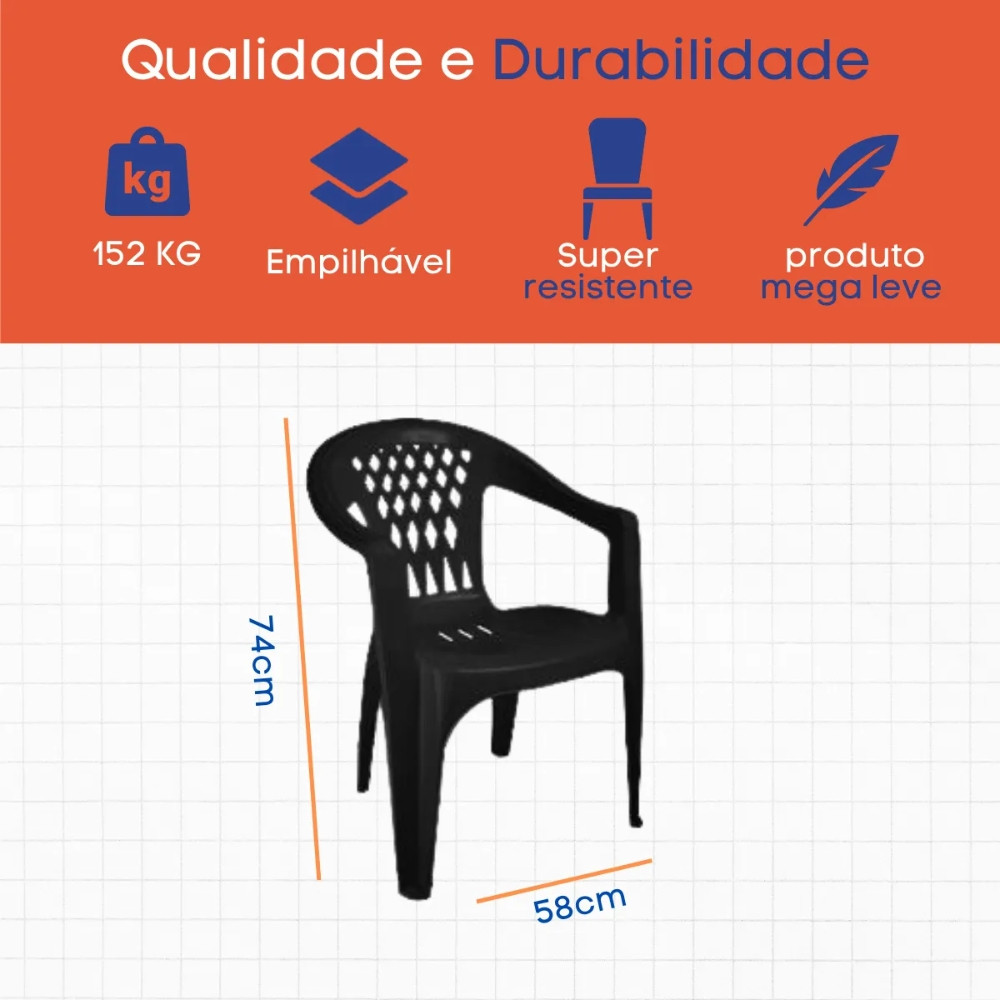Kit 6 Cadeiras de Plástico com Braço Duo Bella Duoplastic Empilháveis