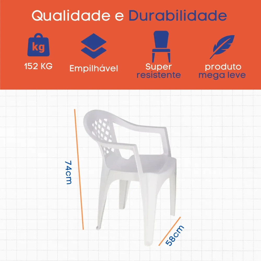 Kit 12 Cadeiras de Plástico com Braço Duo Bella Duoplastic Empilháveis