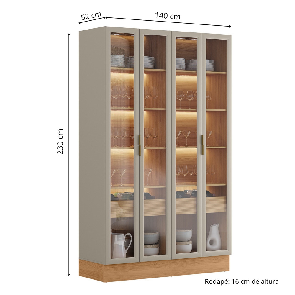 Cristaleira Allure Linea Brasil 4 Portas Com Rodapé e LED 100 MDF 140cm