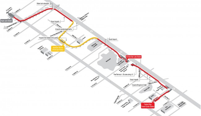 The closest option to the Board's preferred alignment. The Kent/Des Moines station would likely be closer to 30th Ave and orientation of the Federal Way Transit Center is undecided.