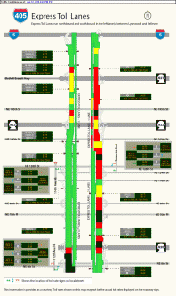 405 ETL lanes mostly free-flowing while NB general purpose lanes congested along almost the entire corridor