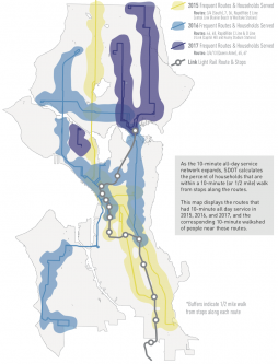 STBD map showing 10-minute bus corridors and Link as of 2017.