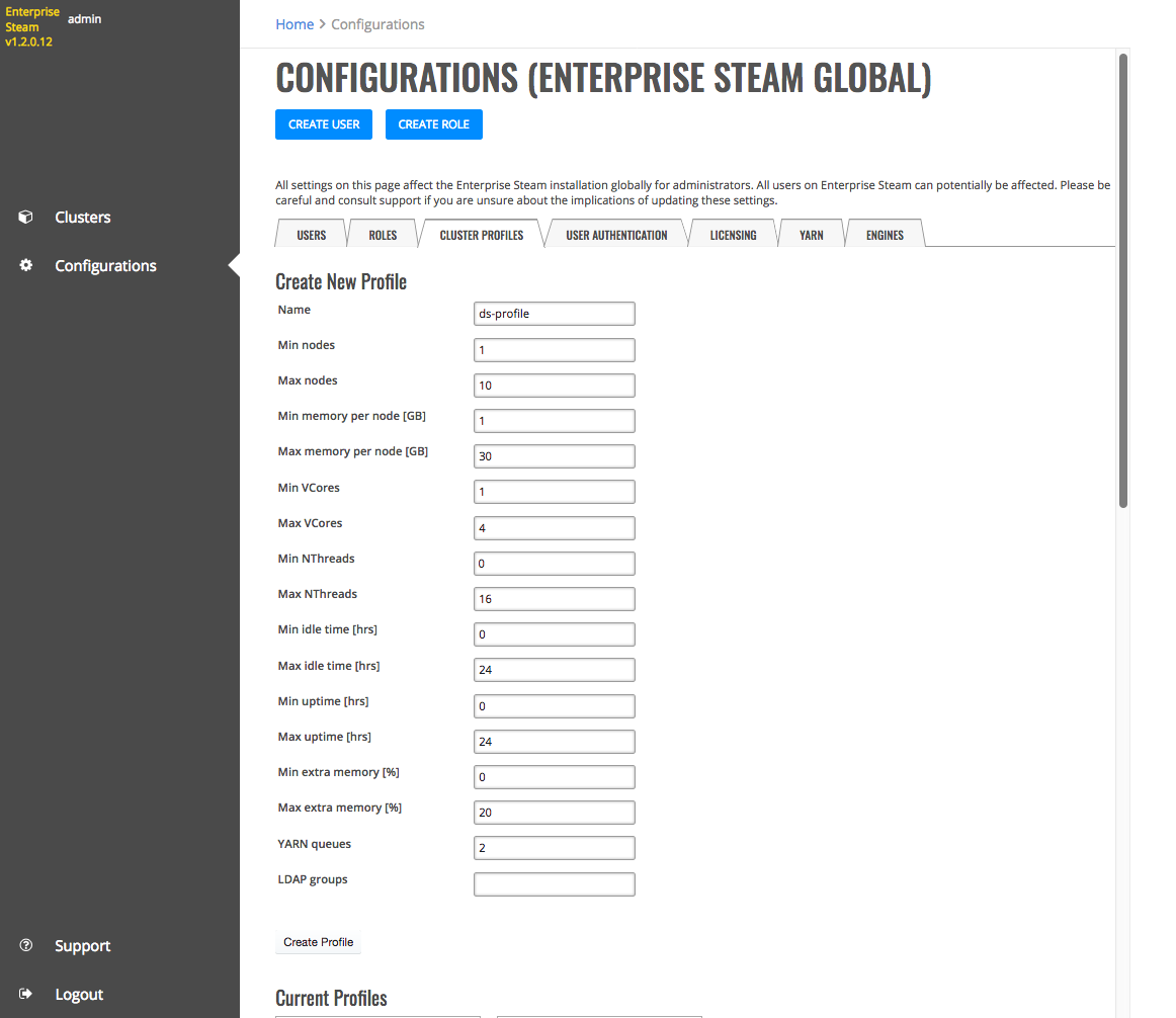 Cluster profiles page