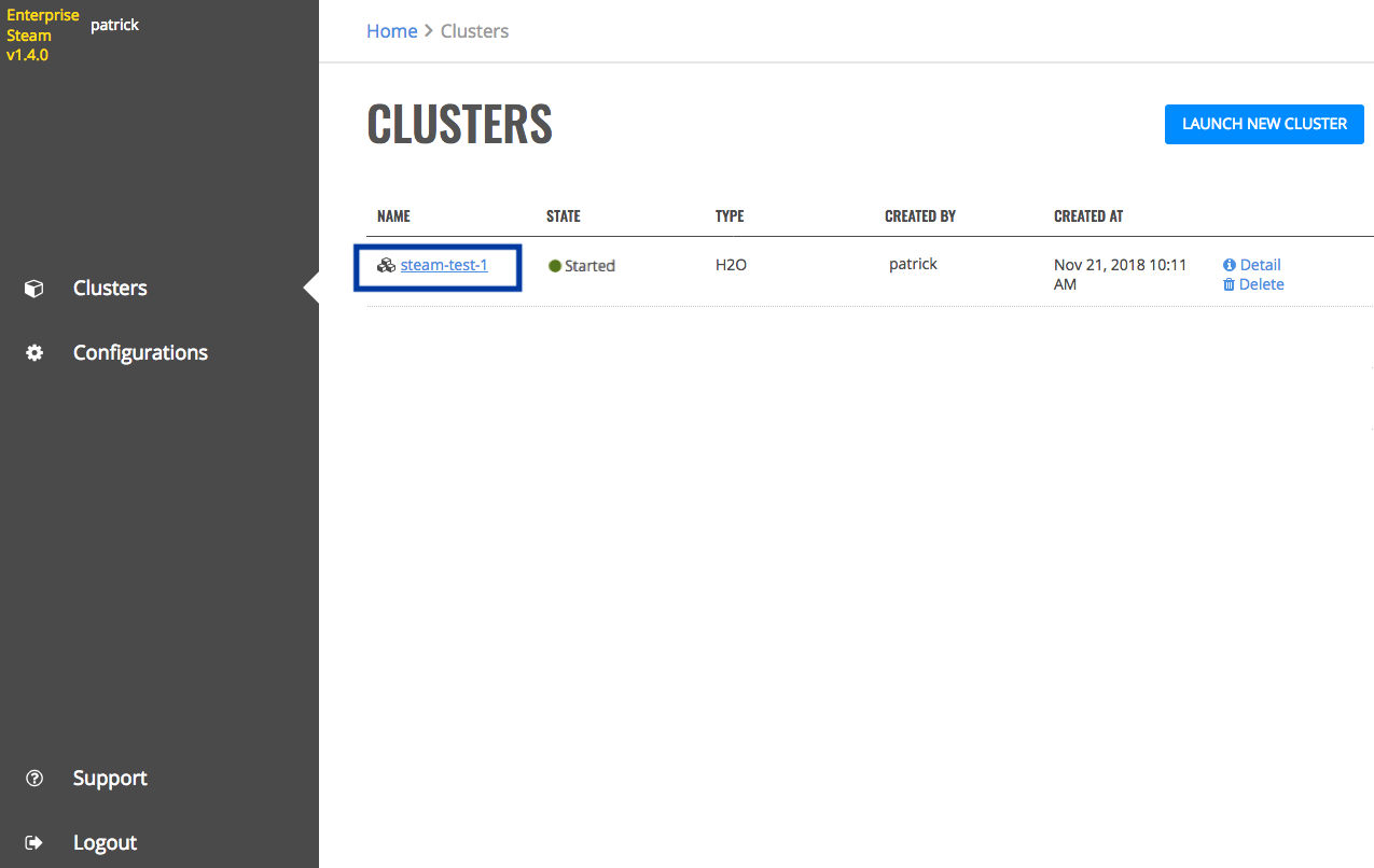 Clusters page