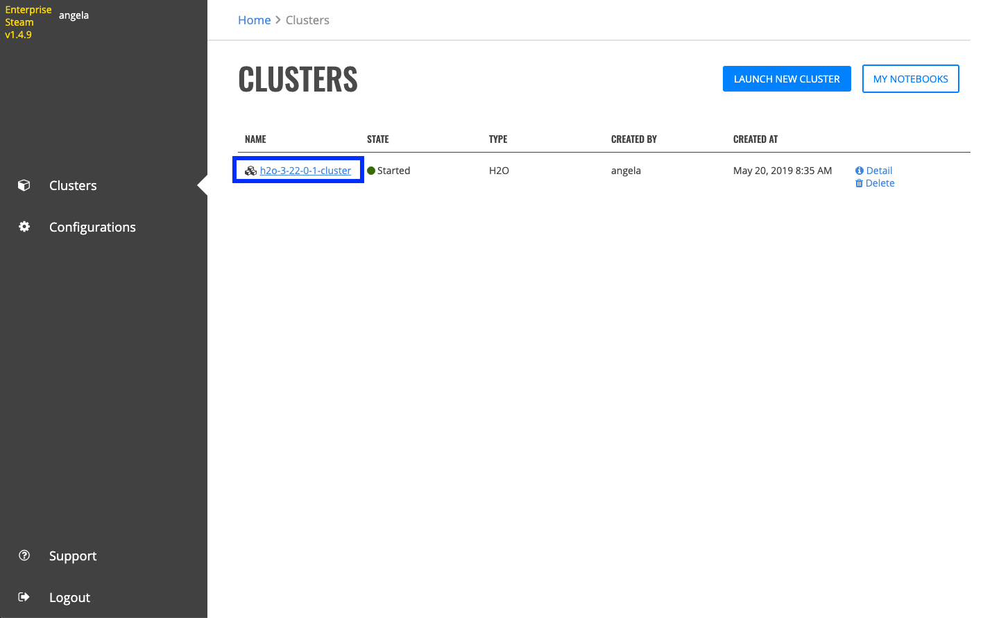Clusters page