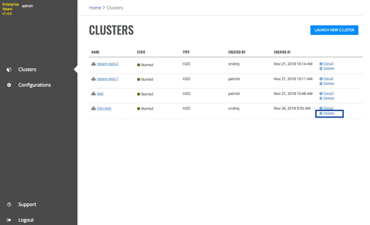 Delete clusters