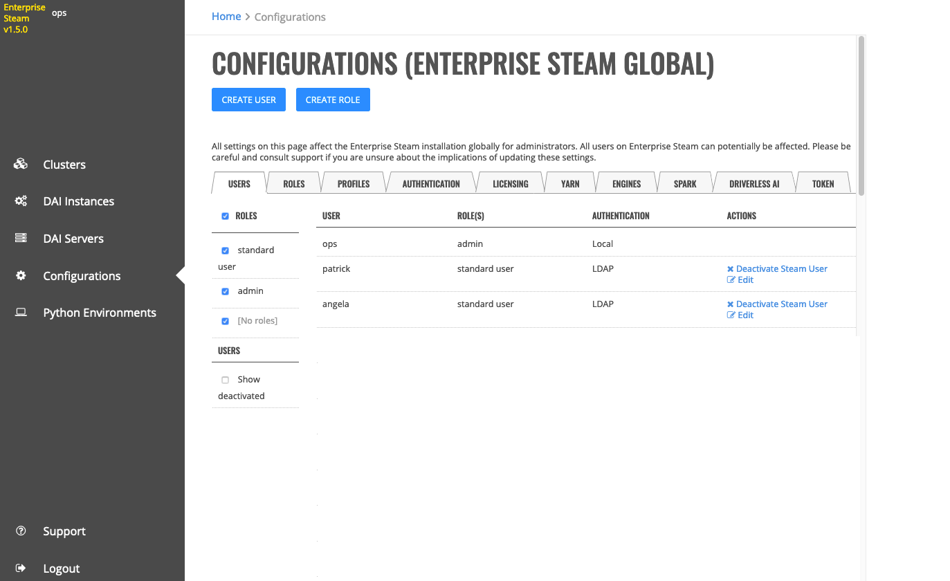 Configurations page