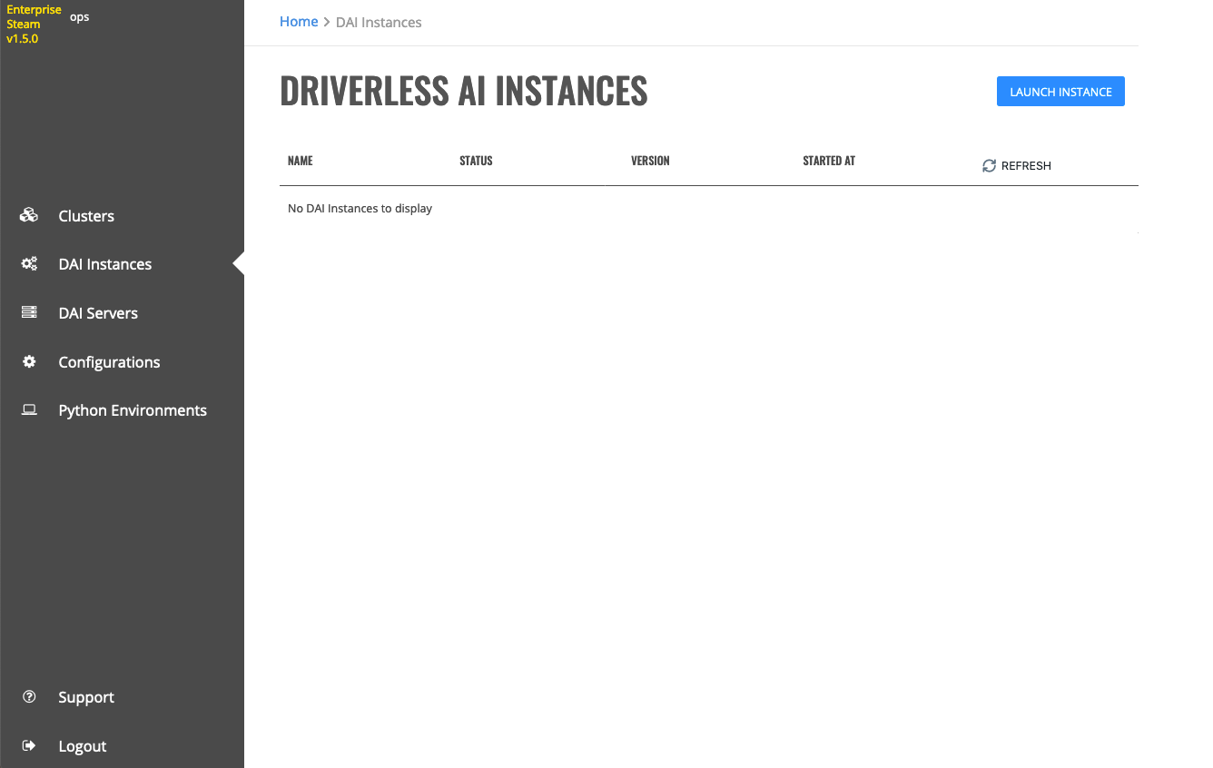 Driverless AI Instances page