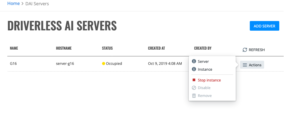 DAI Server actions menu