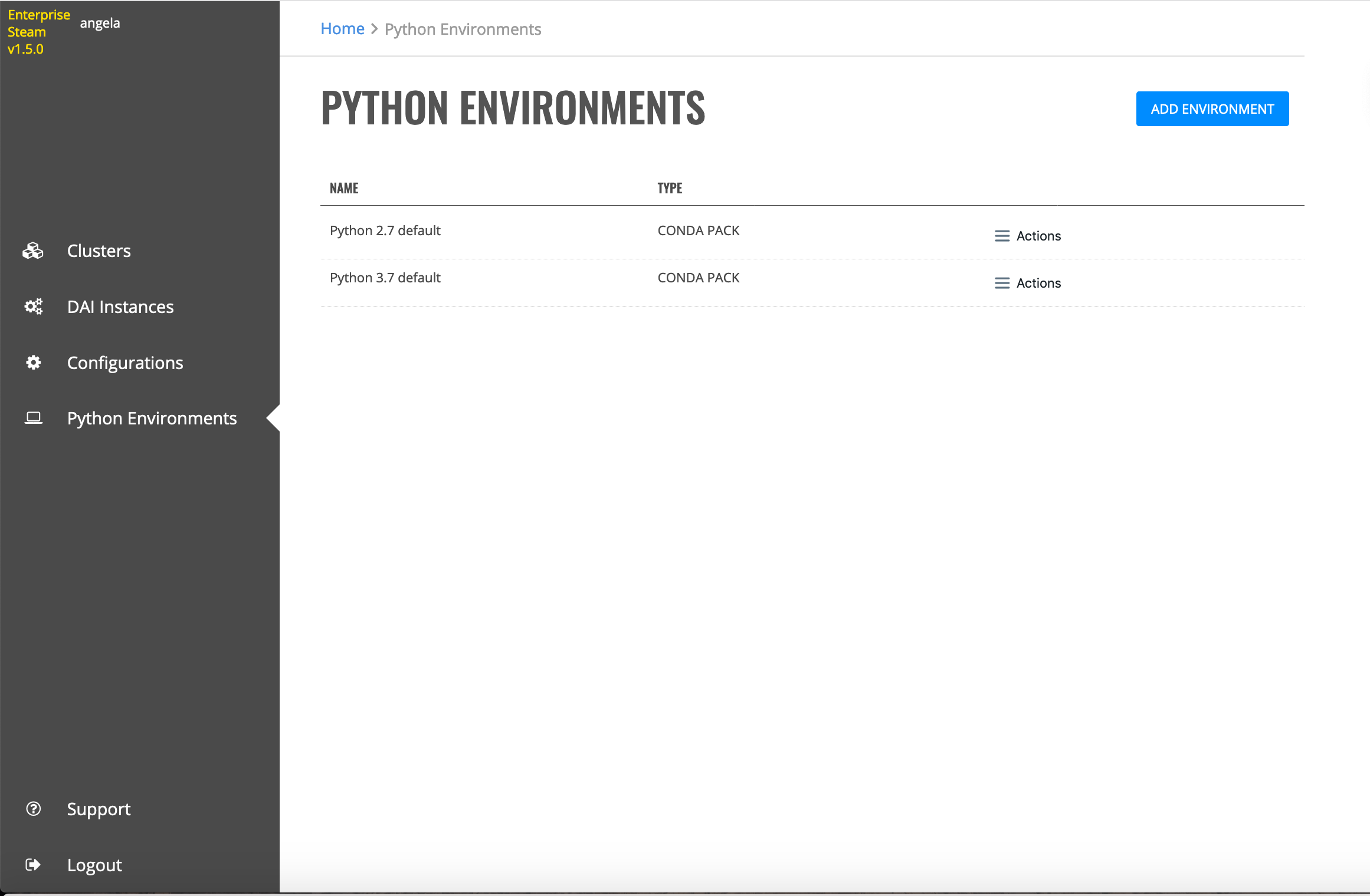 Python Environments page