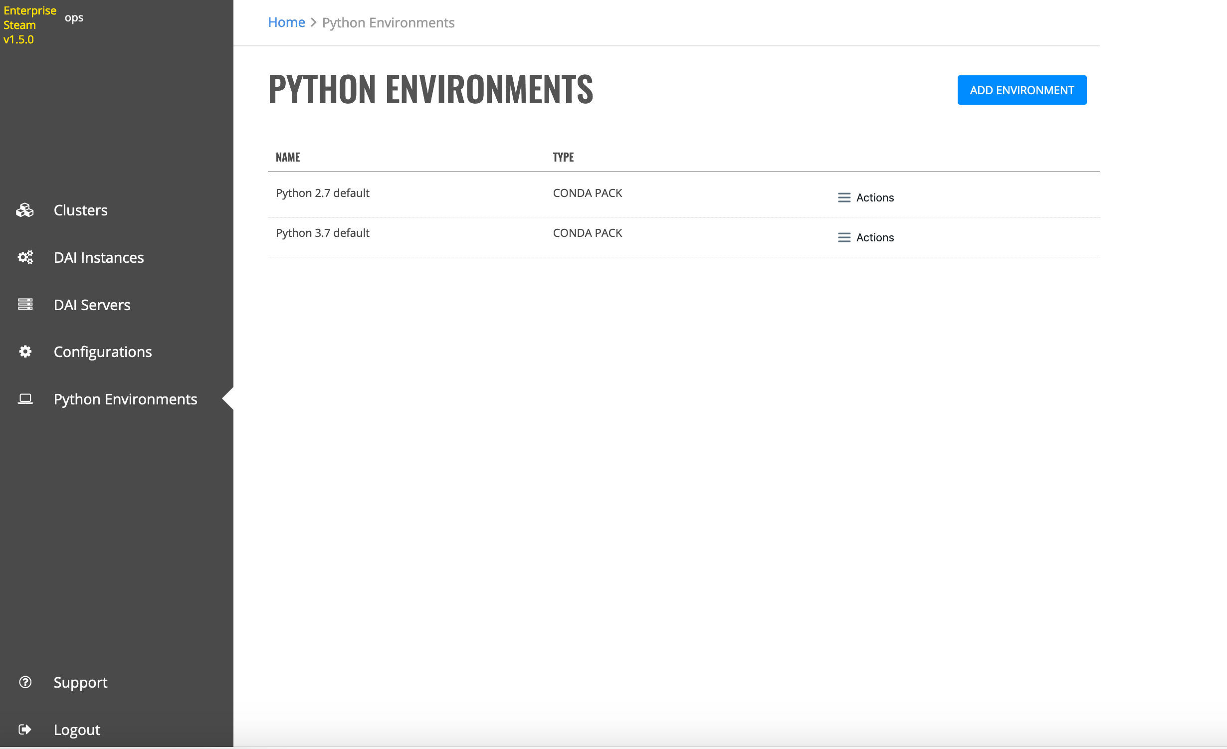 Python Environments page