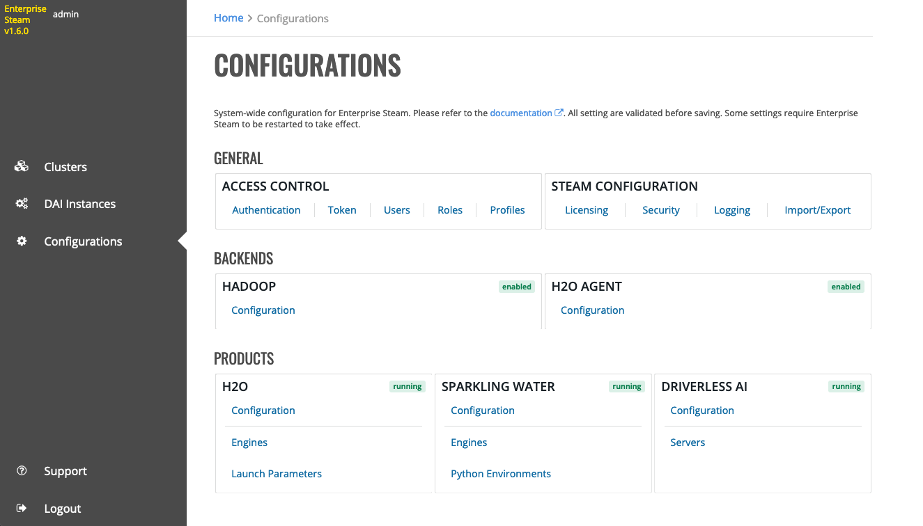Configurations page