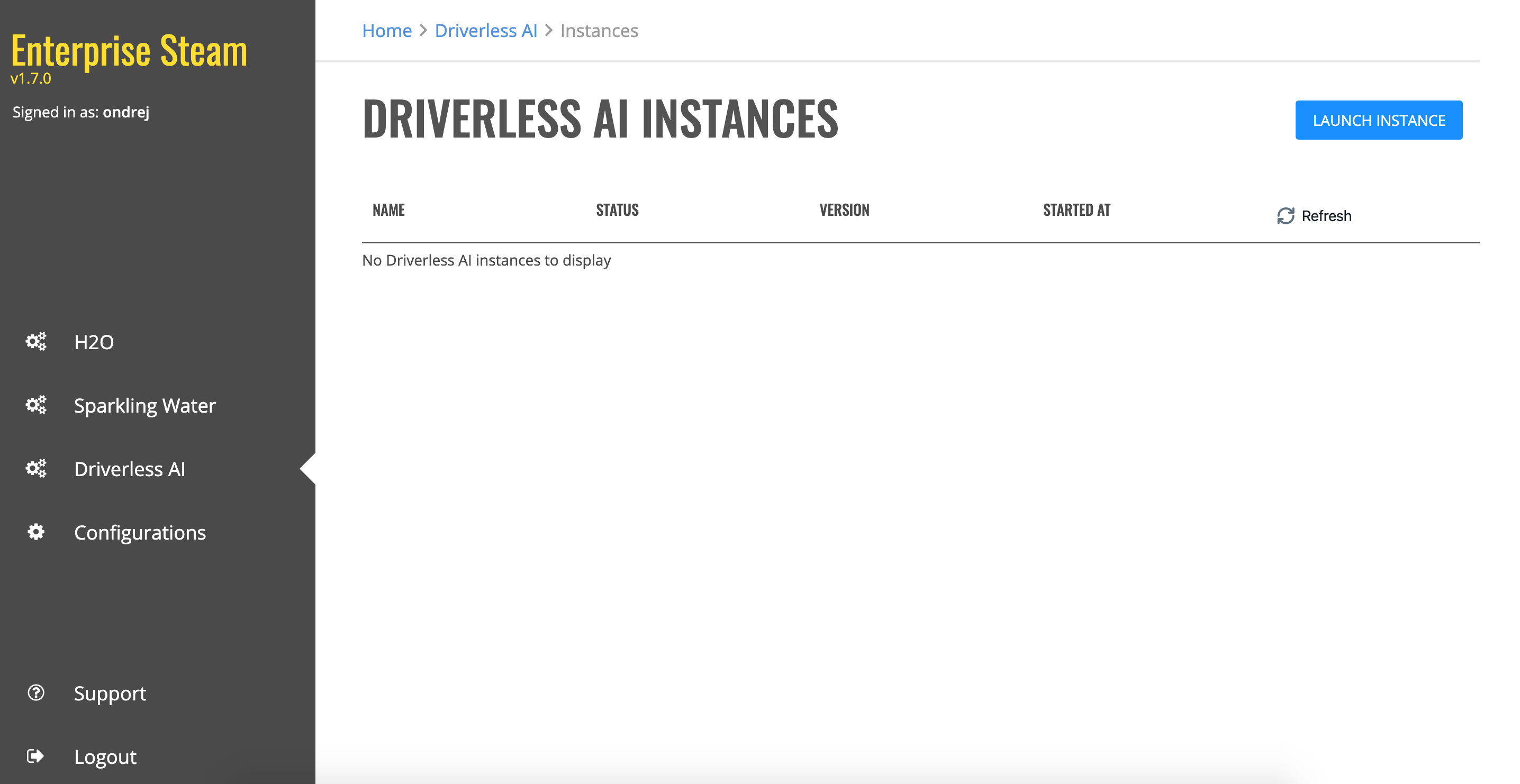 Driverless AI Instances page