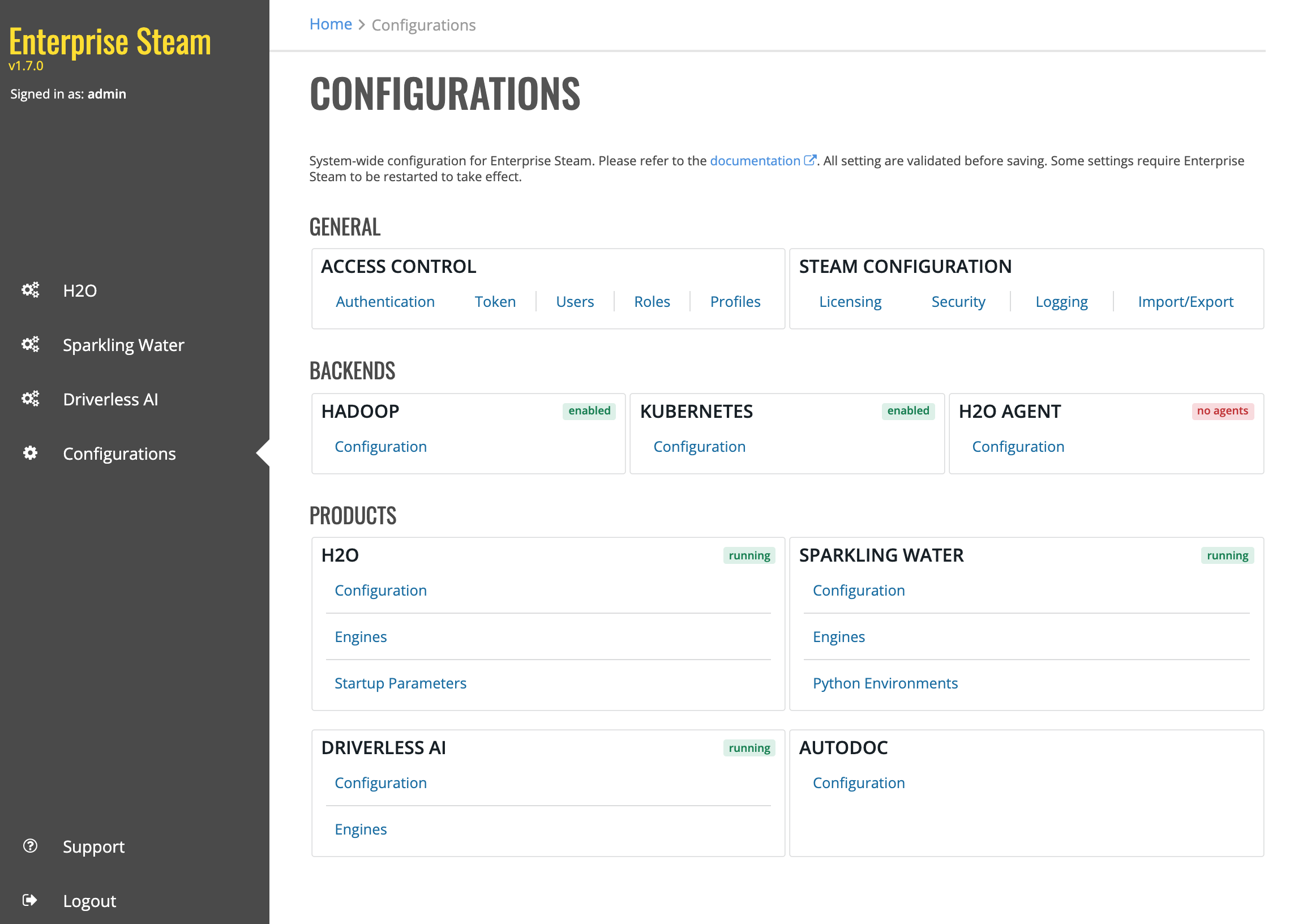 Configurations page