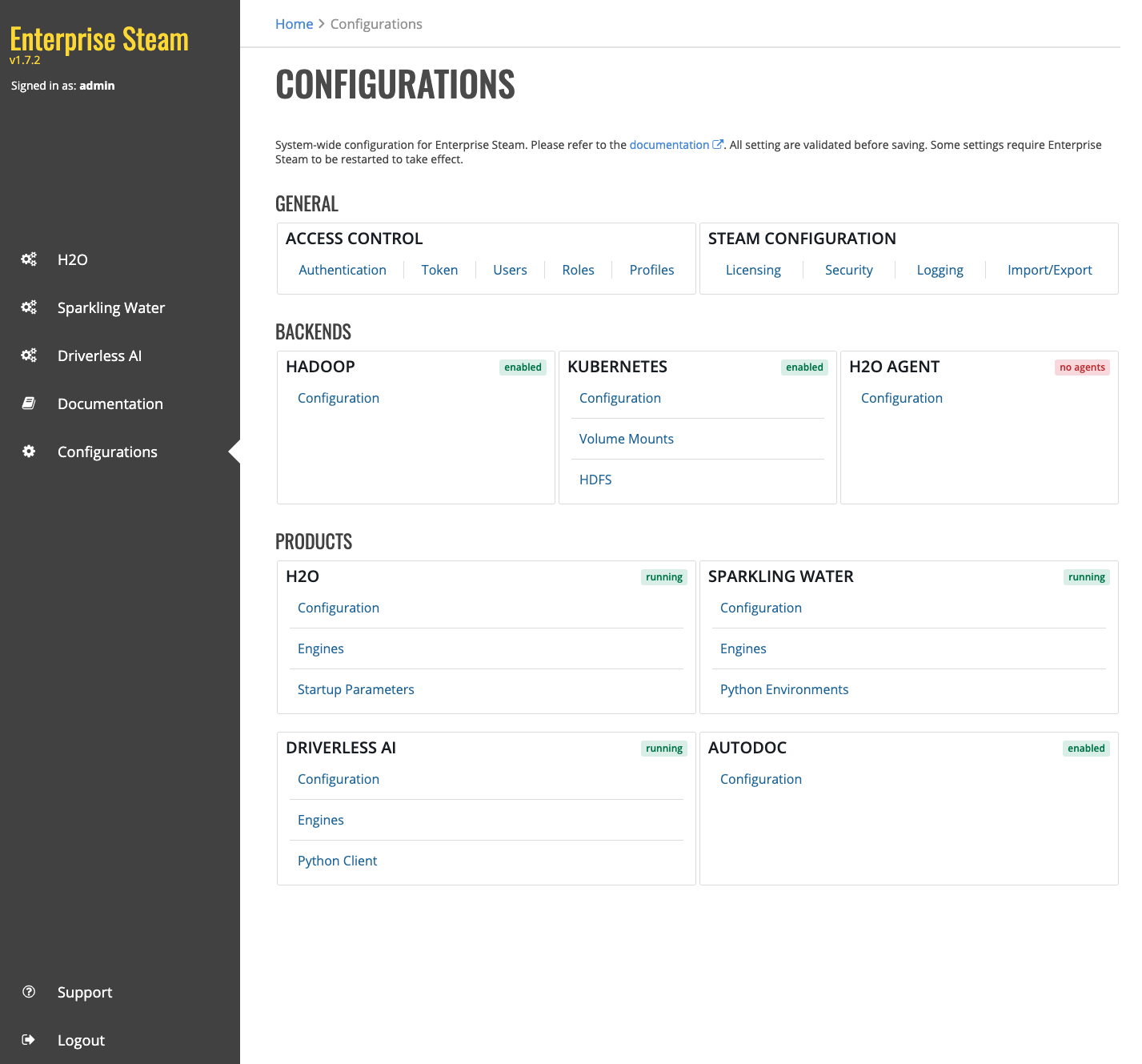 Configurations page