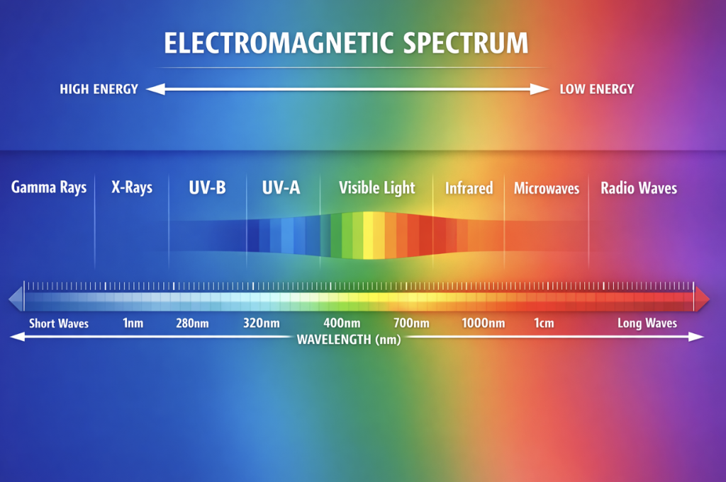 The Electromagnetic Spectrum from high-energy gamma rays to low-energy radio waves.