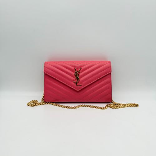 Yves Saint Laurent Pink Chevron Quilted Leather Wallet On Chain