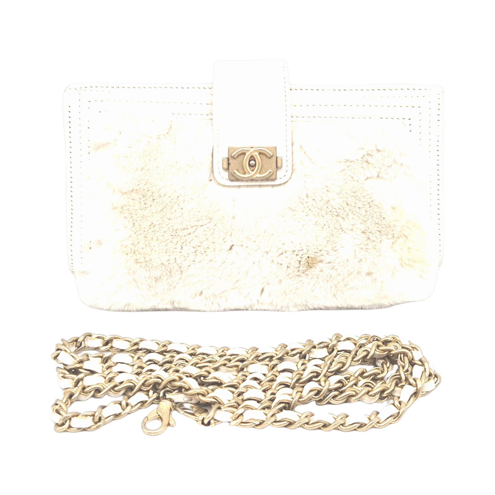 Chanel Cream-Colored Faux Fur Gold-tone CC Turnlock Clutch Bag
