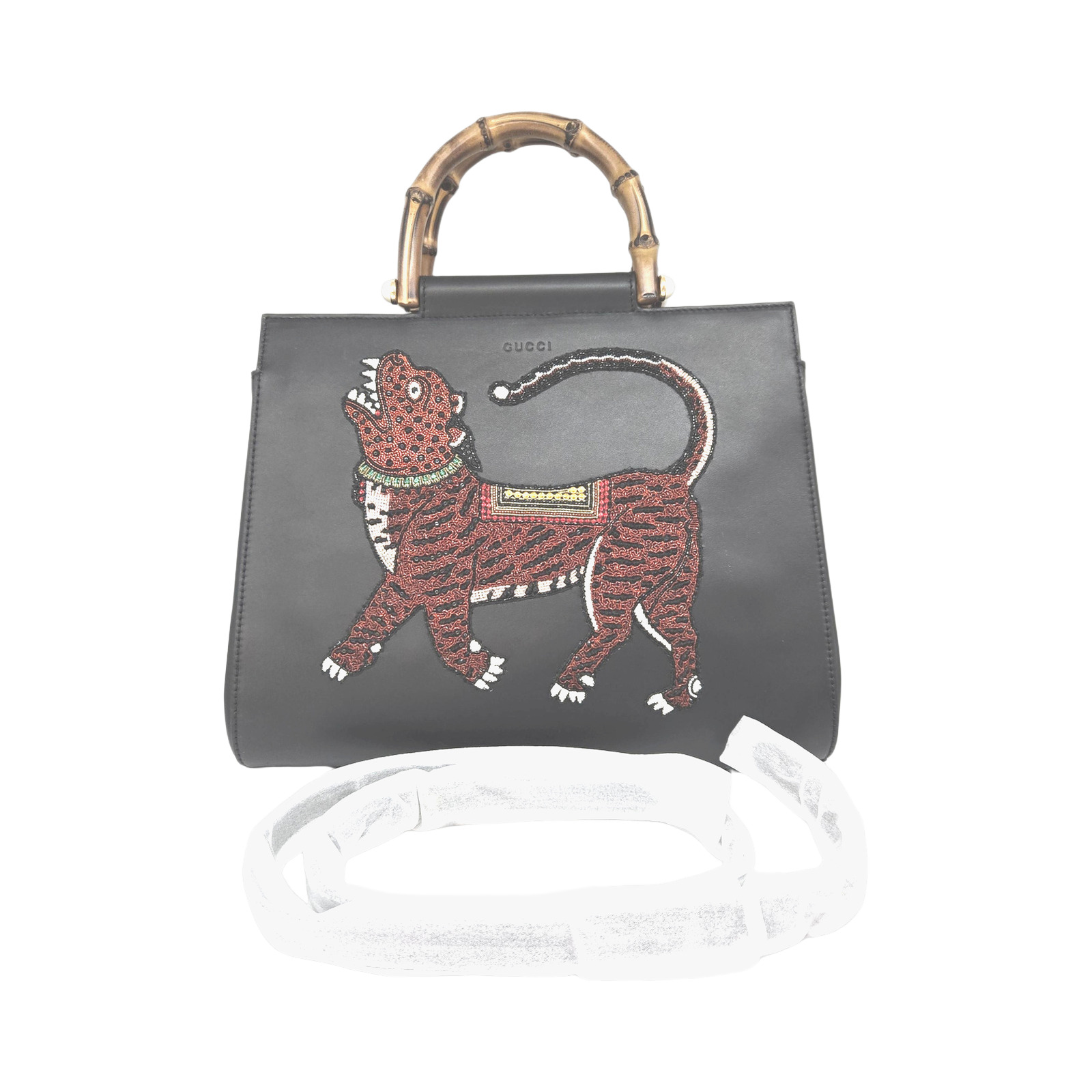 Gucci Black Leather Nymphaea Handbag With Tiger Motif