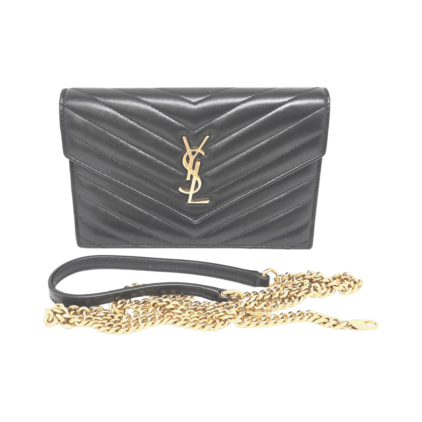 Yves Saint Laurent Chevron Pattern Black Leather Cassandre Wallet