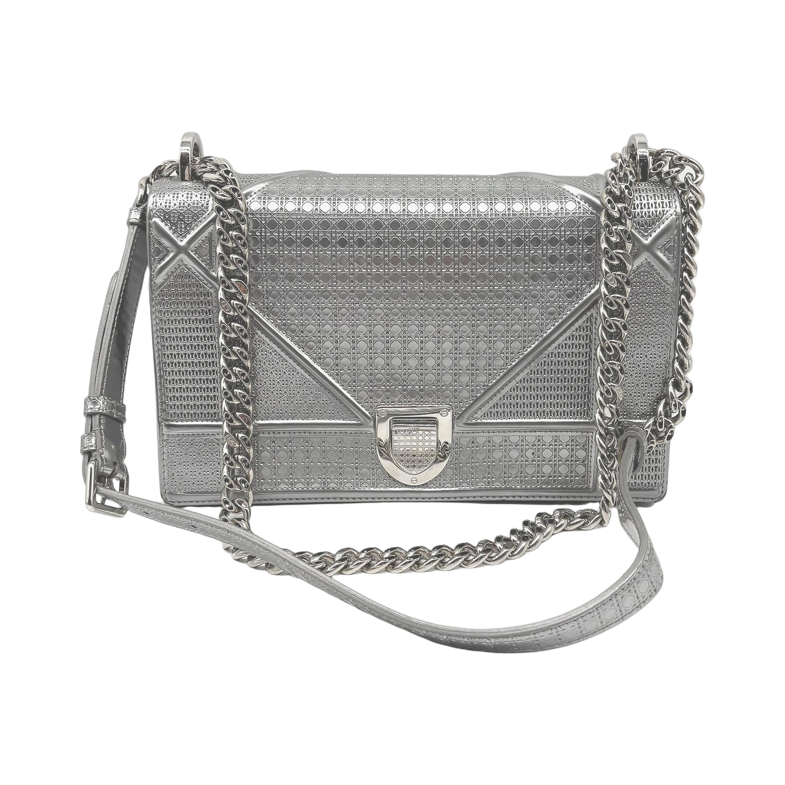 Christian Dior Metallic Silver Diorama Chain Shoulder Bag