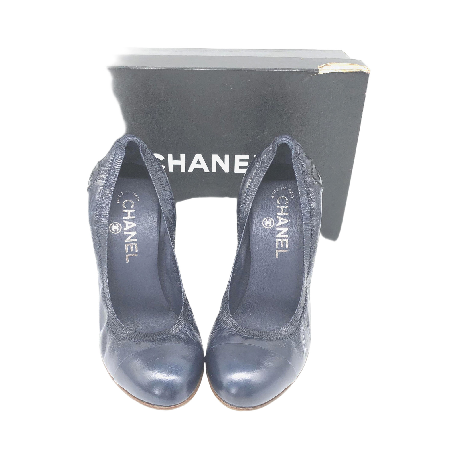 Chanel Navy Leather Pumps With Block Heel