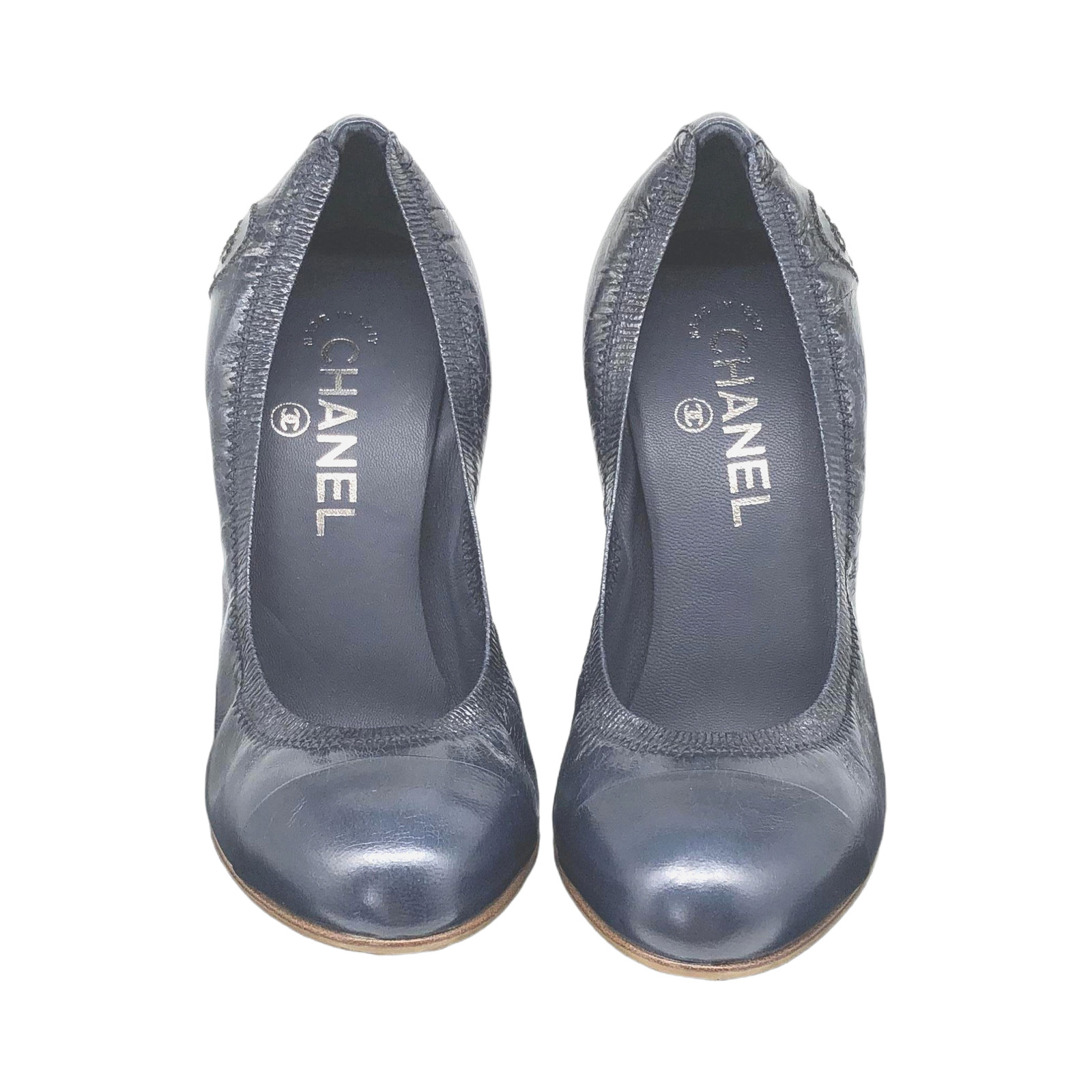 Chanel Navy Leather Pumps With Block Heel photo 2