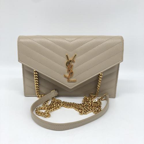 Yves Saint Laurent Beige Grain de Poudre Embossed Leather Matelassé Chevron Chain Wallet