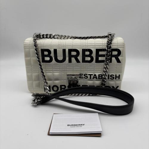 Burberry White Horseferry Print Quilted Lola, Silver Chain Strap
