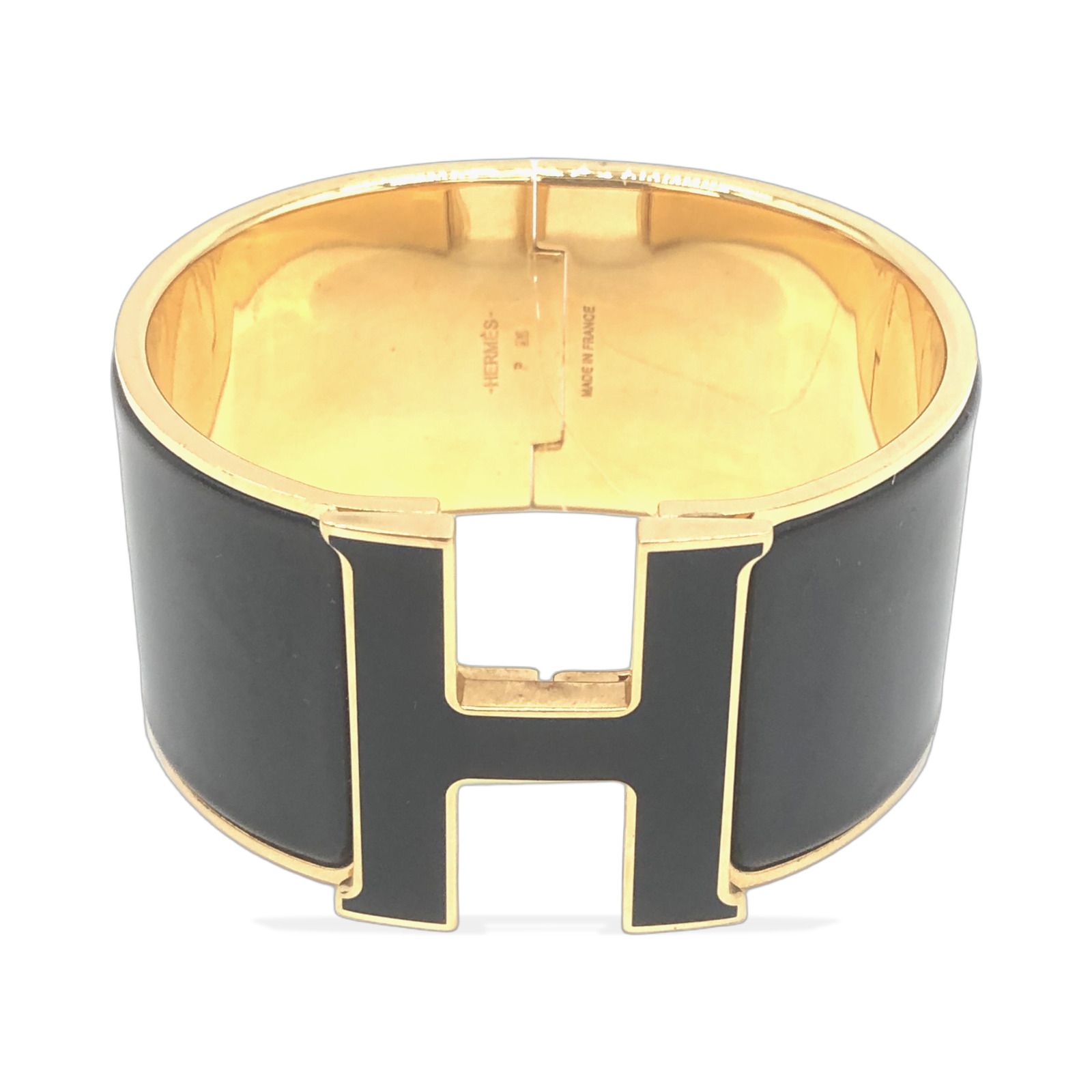 Hermès Clic Clac H Black Enamel Gold Plated Extra Wide Bracelet