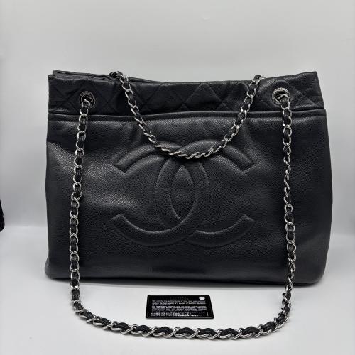 Chanel Black Leather Tote With Chain Accents
