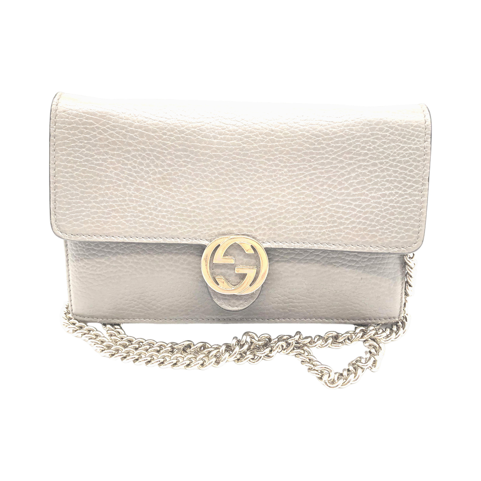 Gucci Grey Pebbled Leather Interlocking G Wallet On Chain