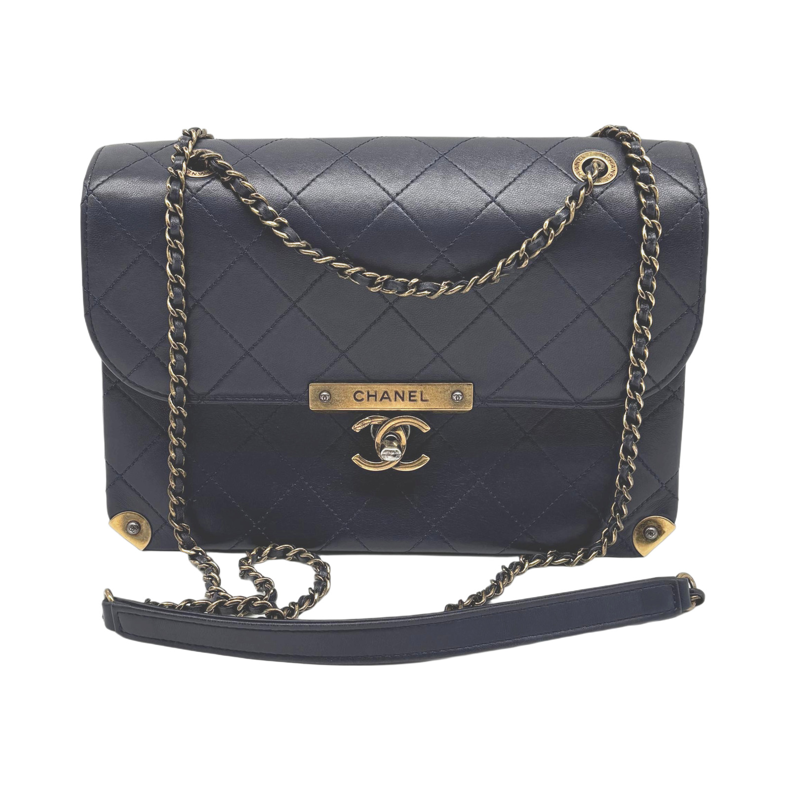 Chanel Quilted Navy Leather Around The Corner Flap Bag