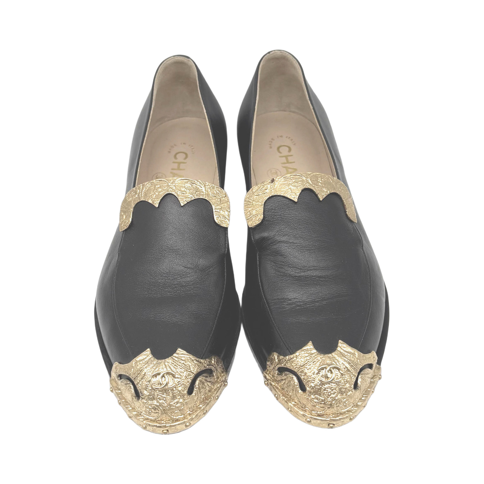 Chanel Black Leather Loafers With Gold Detailing