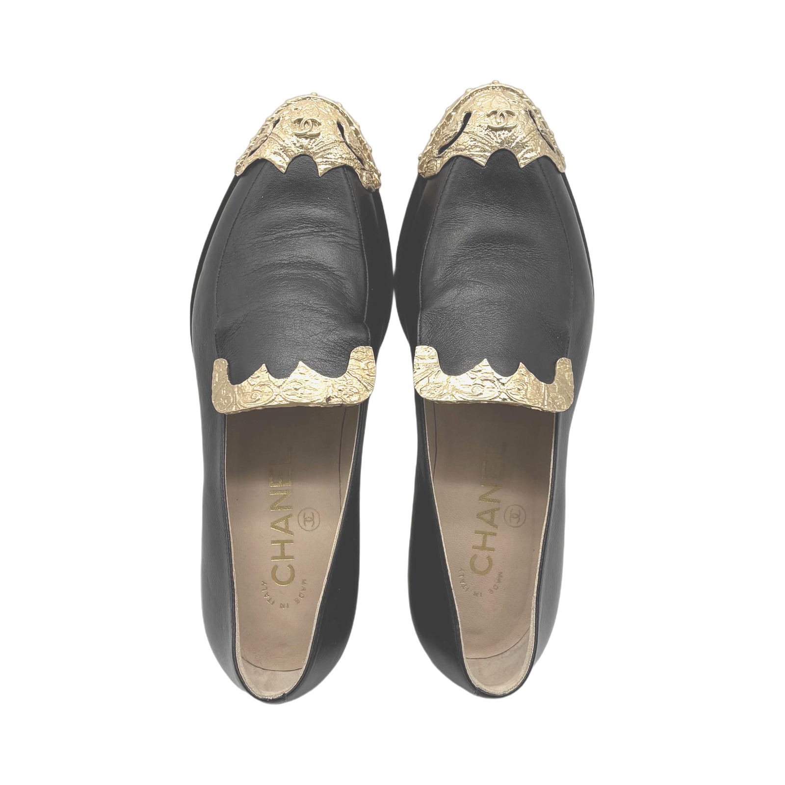 Chanel Black Leather Loafers With Gold Detailing photo 2