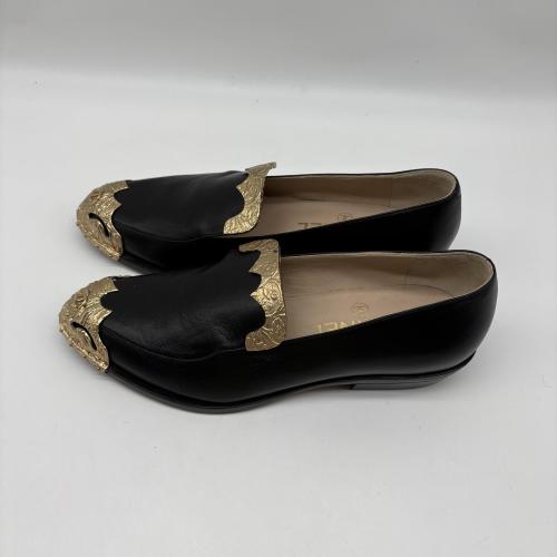 Chanel Black Leather Loafers With Gold Detailing photo 6