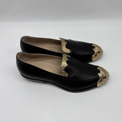 Chanel Black Leather Loafers With Gold Detailing photo 7