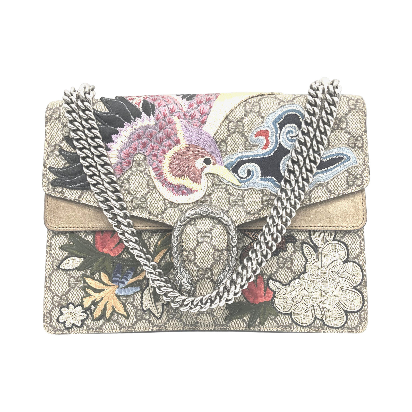 Gucci Beige GG Supreme Canvas Embroidered Bird/Flowers Medium Dionysus Shoulder Bag