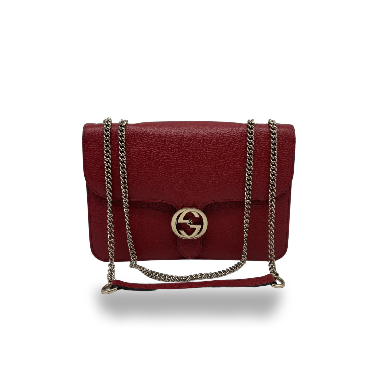 Gucci Red Leather Interlocking G Shoulder Bag With Chain