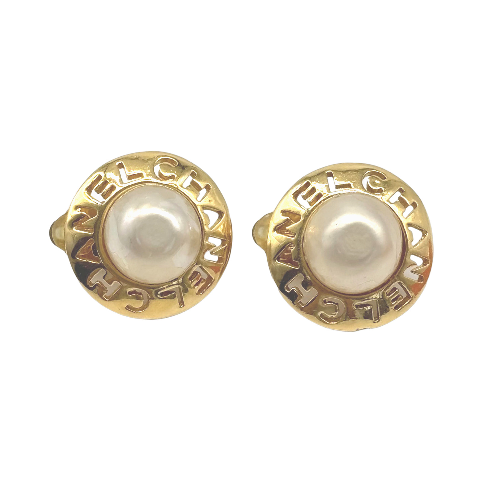 Chanel Gold Plated Faux Pearl Logo Clip-on Earrings