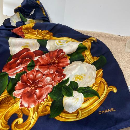 Chanel Red and White Camellia Floral Print Silk Scarf photo 6