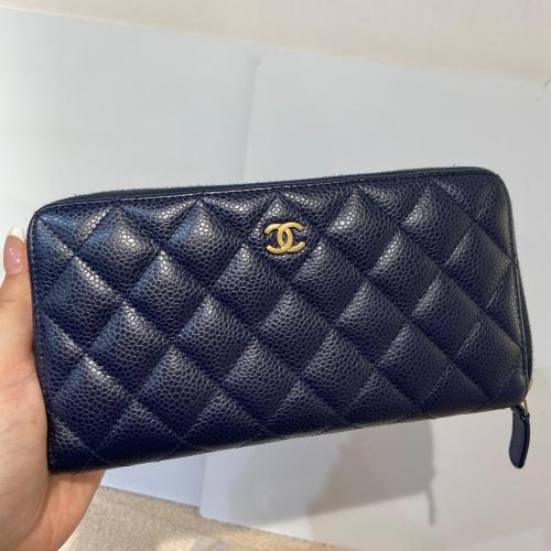 Chanel Navy Caviar Leather Zip Wallet
