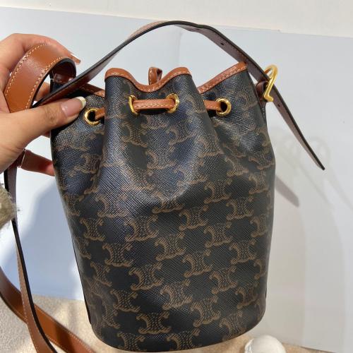Celine Triomphe Canvas and Calfskin Clara Drawstring Bucket Bag