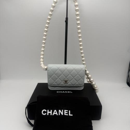 Chanel Light Blue Quilted Lambskin Clutch with Chain and Pearl Strap